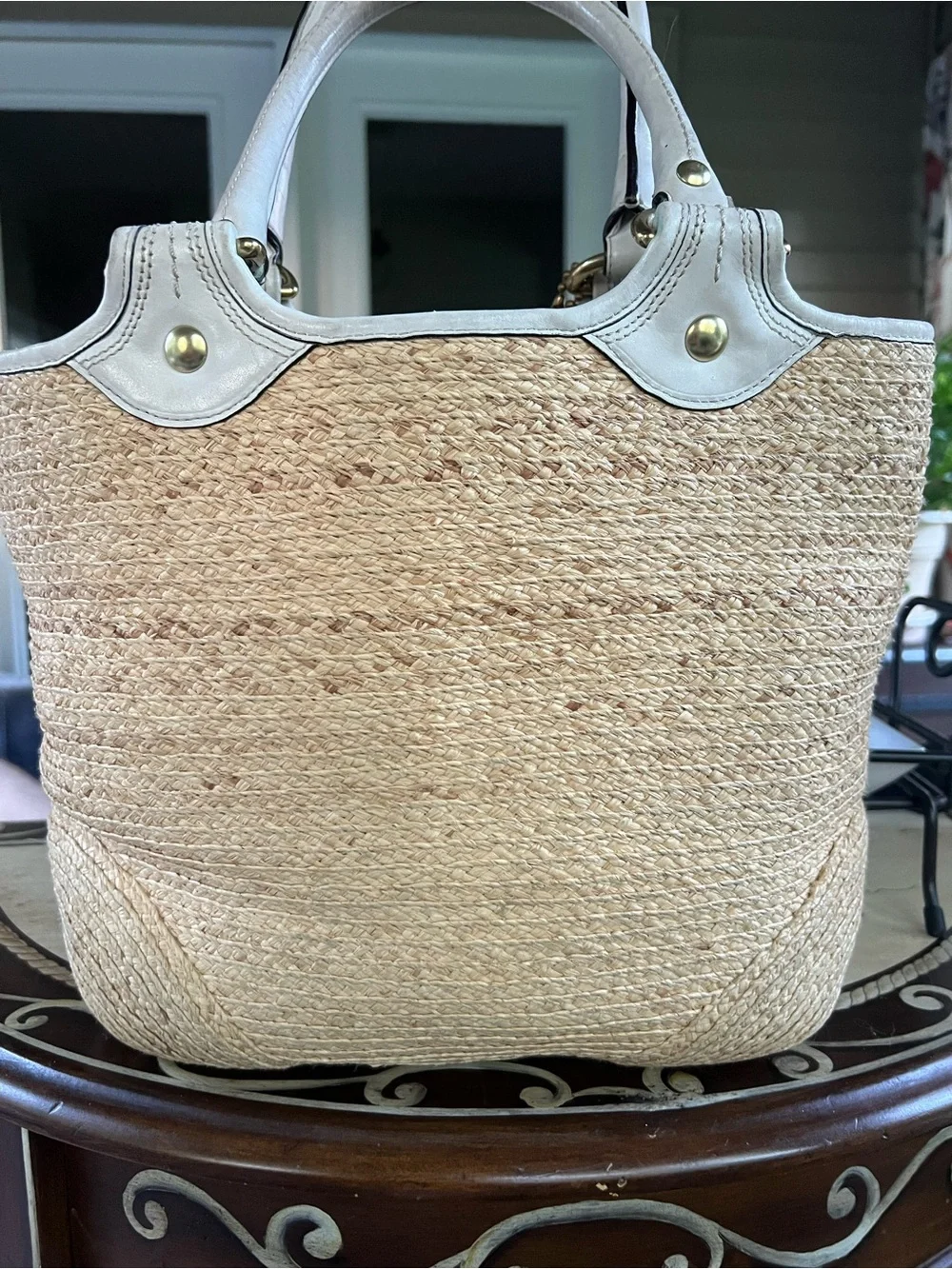 Coach Bleecker Straw Tote with White Leather Trim and Floral Accent
